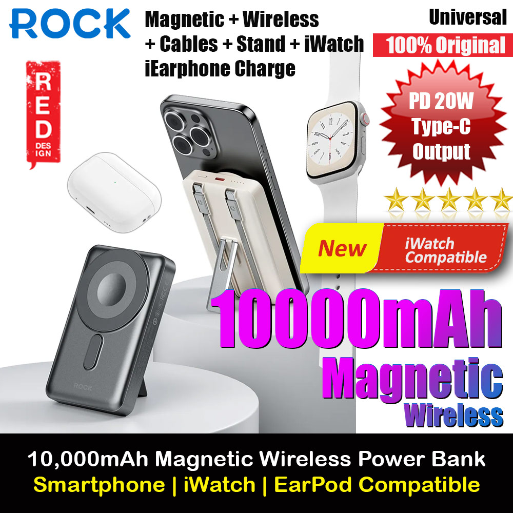 Rock CCC 3C Certified Power Bank Magnetic PD20W 15W Magnetic Wireless Charging Fast Charge 10000mAh Travel Portable CCC Power Bank powerbank with Built in Stand Cable for Apple Watch AirPods Smartphones (Grey)