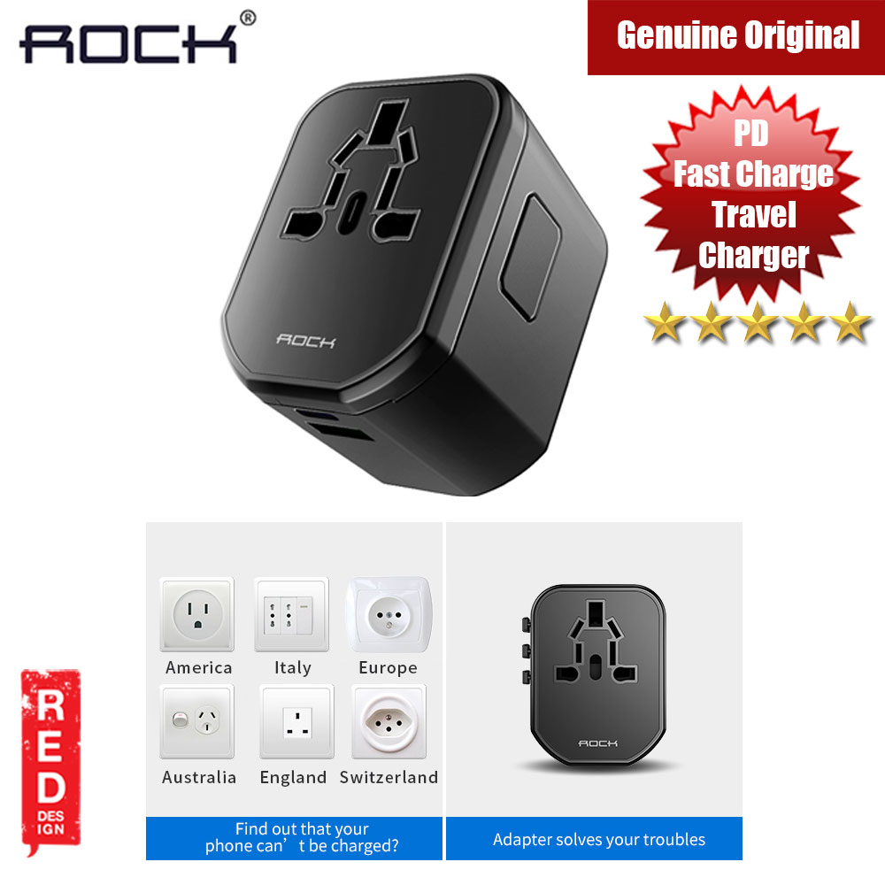 Rock Multifunctional Plug Travel Charger PD Version with Type C and Type A USB  (Black)