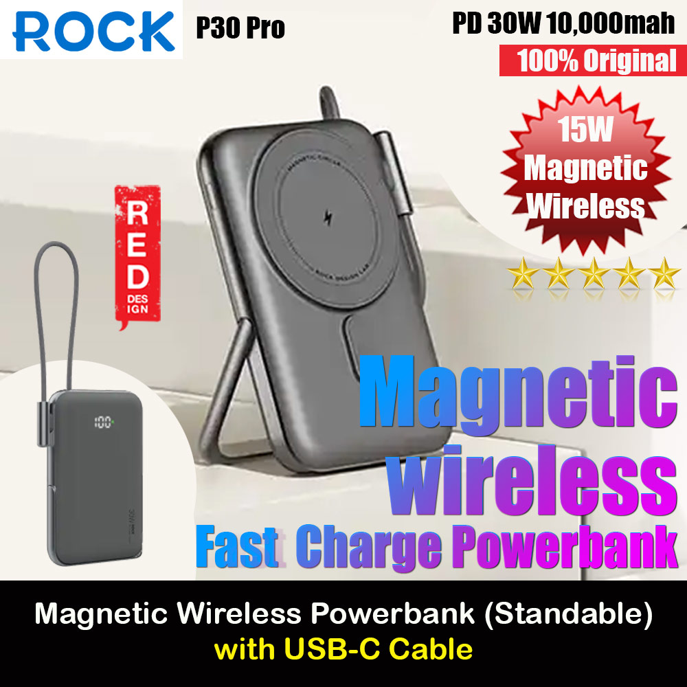 Rock P30 Pro  PD30W 15W Magnetic Wireless Charging Fast Charge 10000mAh Travel Portable Small Palm Size Compact Mini Power Bank powerbank Stand Holder with Type C Cable (Black)