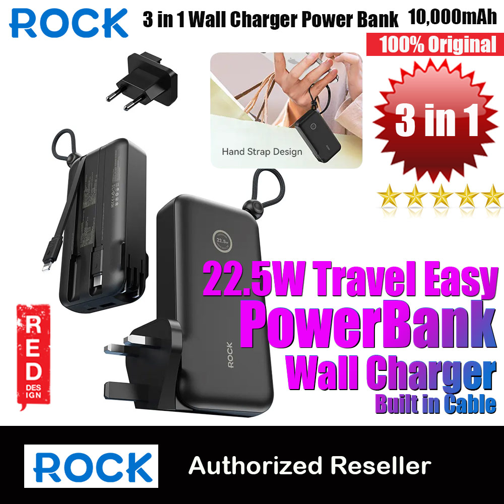 Rock Wall Charger 22.5W Power Bank 10000mAh Travel Portable  with Multiple Built in Cable USB C USB L and US UK EU Plugs (Black)