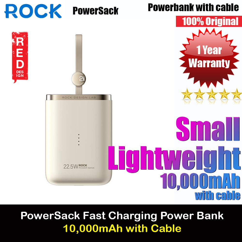 Rock CCC 3C Certified Power Bank Mini Compact Pocket Size Small Thin Portable Easy Travel Fast Charge CCC Powerbank Power Bank with Cable (Beige)