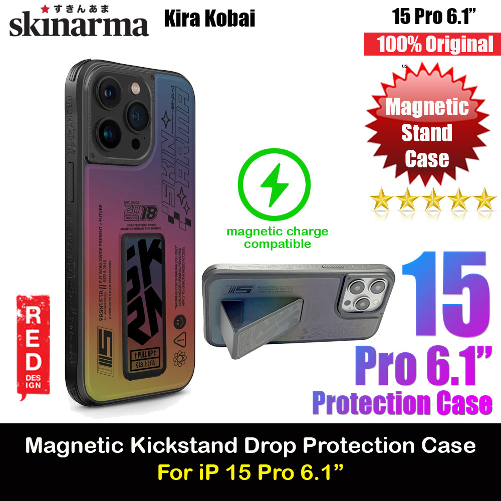 Skinarma Magnetic Charge Kickstand Grip Stand Drop Protection Case for iPhone 15 Pro 6.1 (Kira Kobai Hologram)
