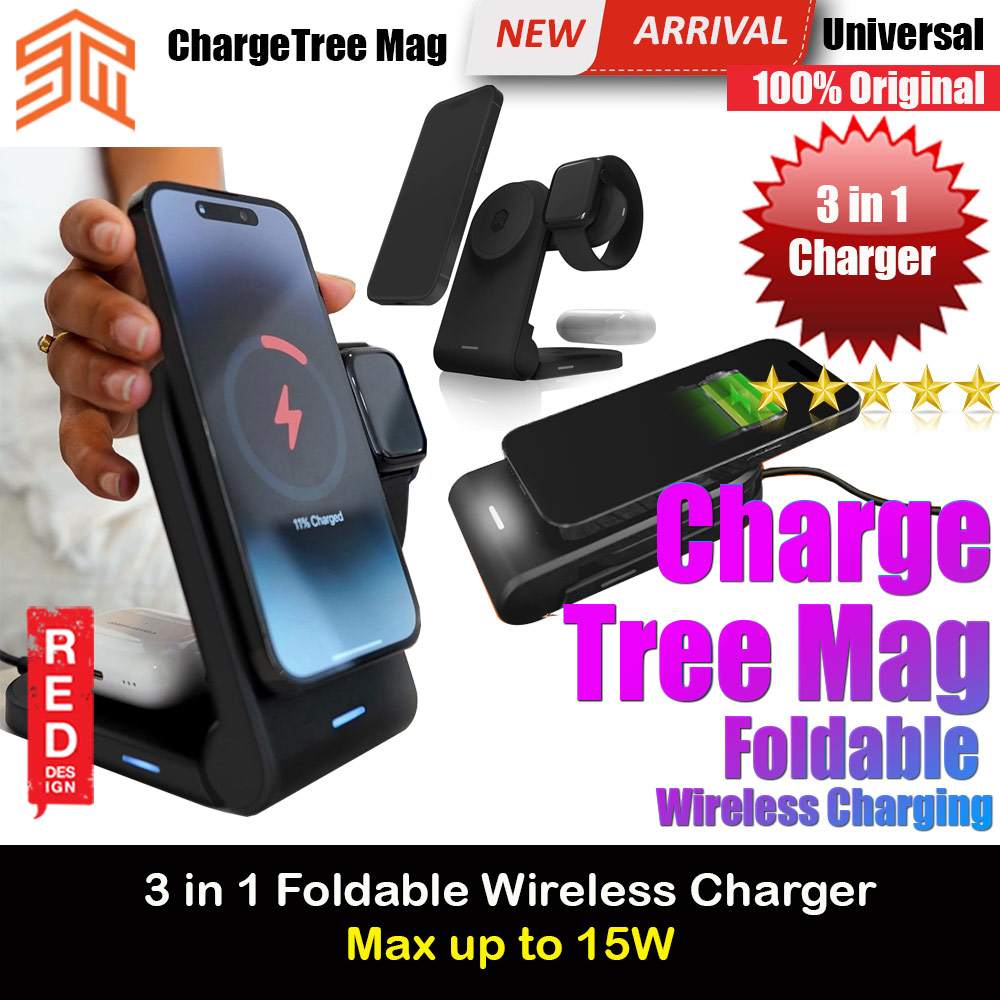 STM Goods ChargeTreeMag 3 in 1 Wireless Charging Station Max 15W for Smartphone from iPhone 12 iPhone 15 Pro Max Airpods Pro Apple Watch (Black)