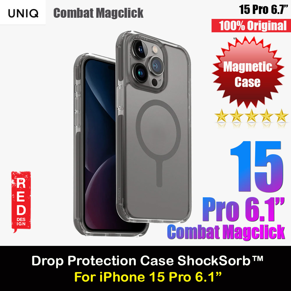 Uniq Magclick Combat Hybrid Ultra Tough Drop Protection Magnetic Charge Compatible Case for iPhone 15 Pro 6.1 (Grey)
