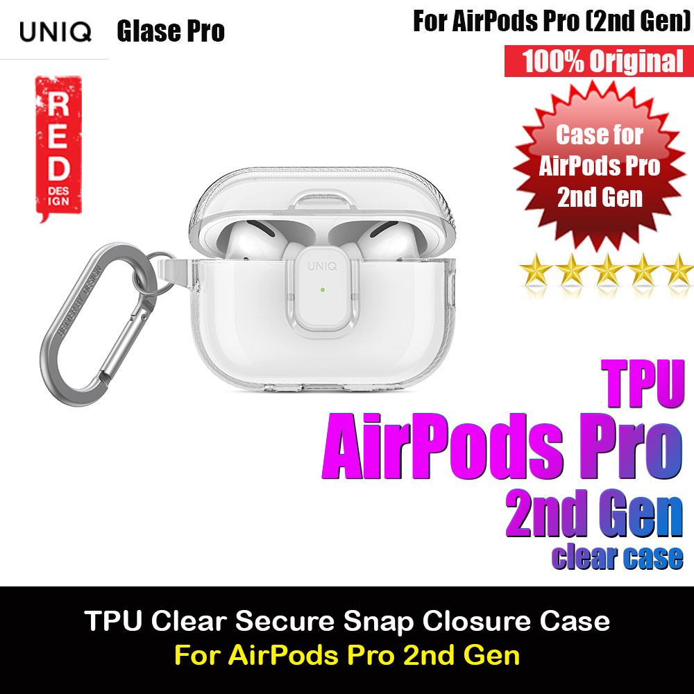 Uniq Glase Pro Secure Snap Closure Protective Protection Soft Clear Case with Carabiner for Apple Airpods Pro 2 (Clear)