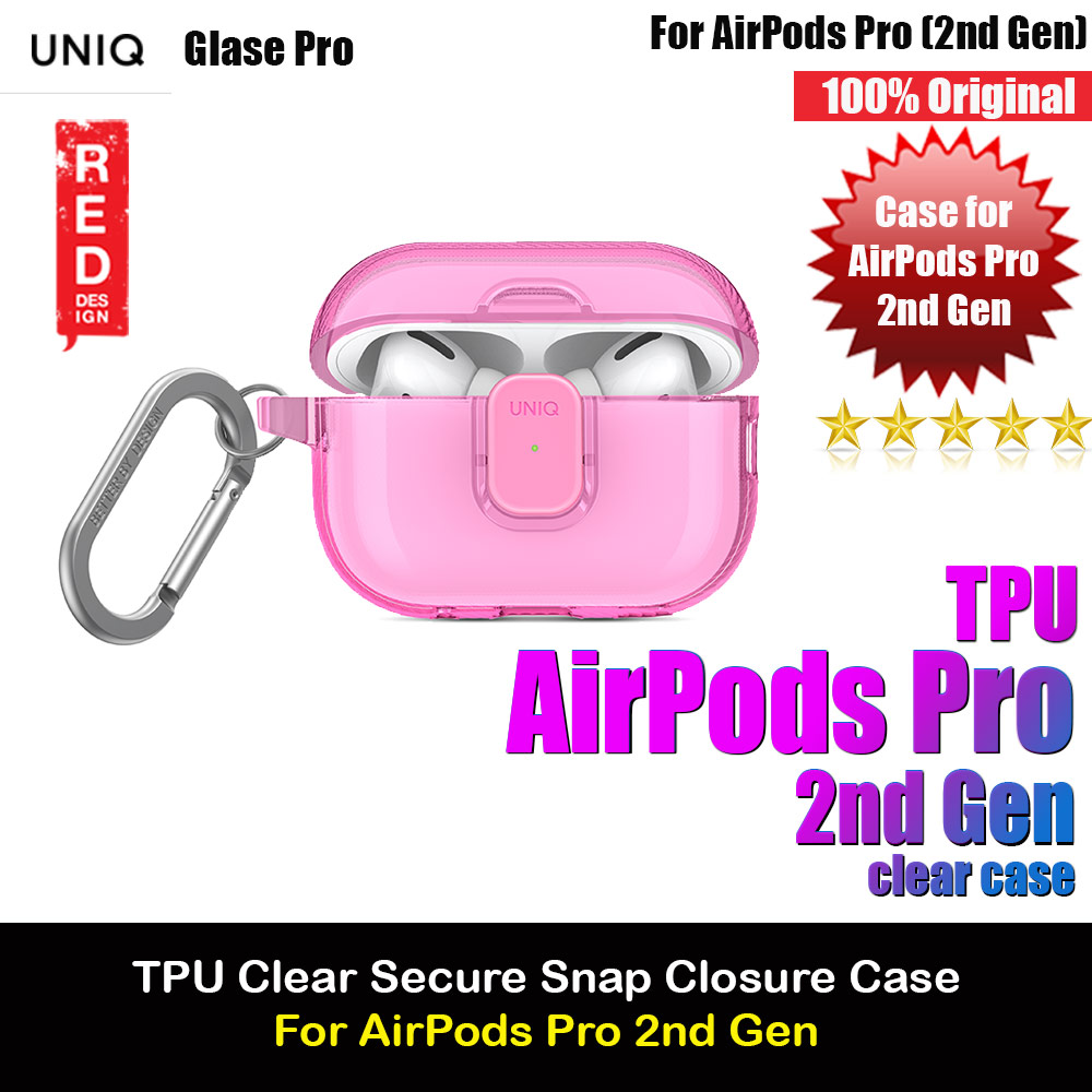 Uniq Glase Pro Secure Snap Closure Protective Protection Soft Clear Case with Carabiner for Apple Airpods Pro 2 (Pink)
