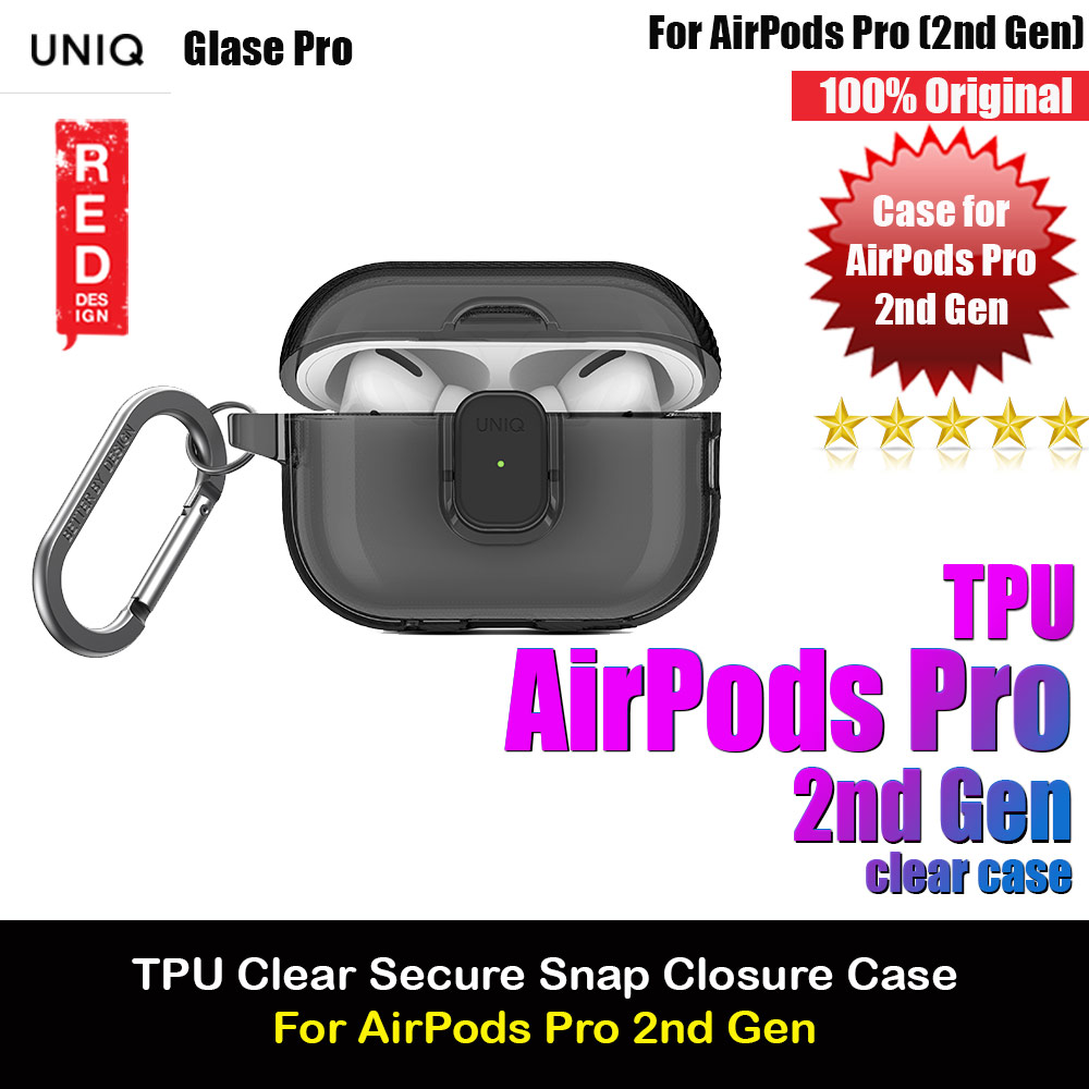 Uniq Glase Pro Secure Snap Closure Protective Protection Soft Clear Case with Carabiner for Apple Airpods Pro 2 (Smoke)