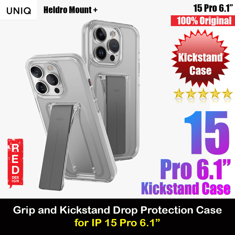 Uniq Heldro Mount Plus Free Grip Flex Grip Kickstand Drop Protection Case with Wrist Strap for iPhone 15 Pro  6.1 (Clear)