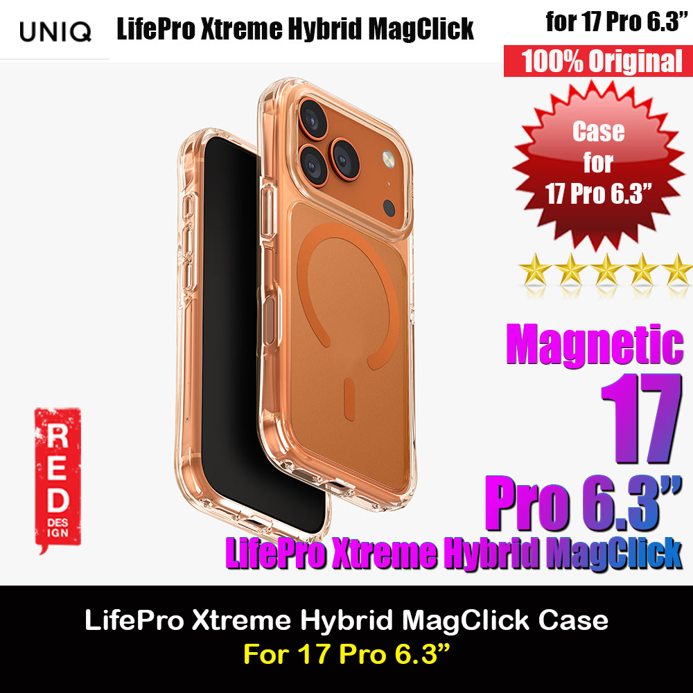 Uniq LifePro Xtreme Hybrid Magclick Slim Thin Anti Finger Print Transparent Drop Protection Case for iPhone 17 Pro 6.3 (Frosted Clear Orange)