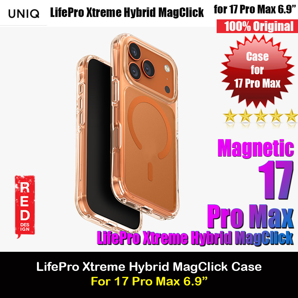Uniq LifePro Xtreme Hybrid Magclick Slim Thin Anti Finger Print Transparent Drop Protection Case for iPhone 17 Pro Max 6.9 (Frosted Clear Orange)