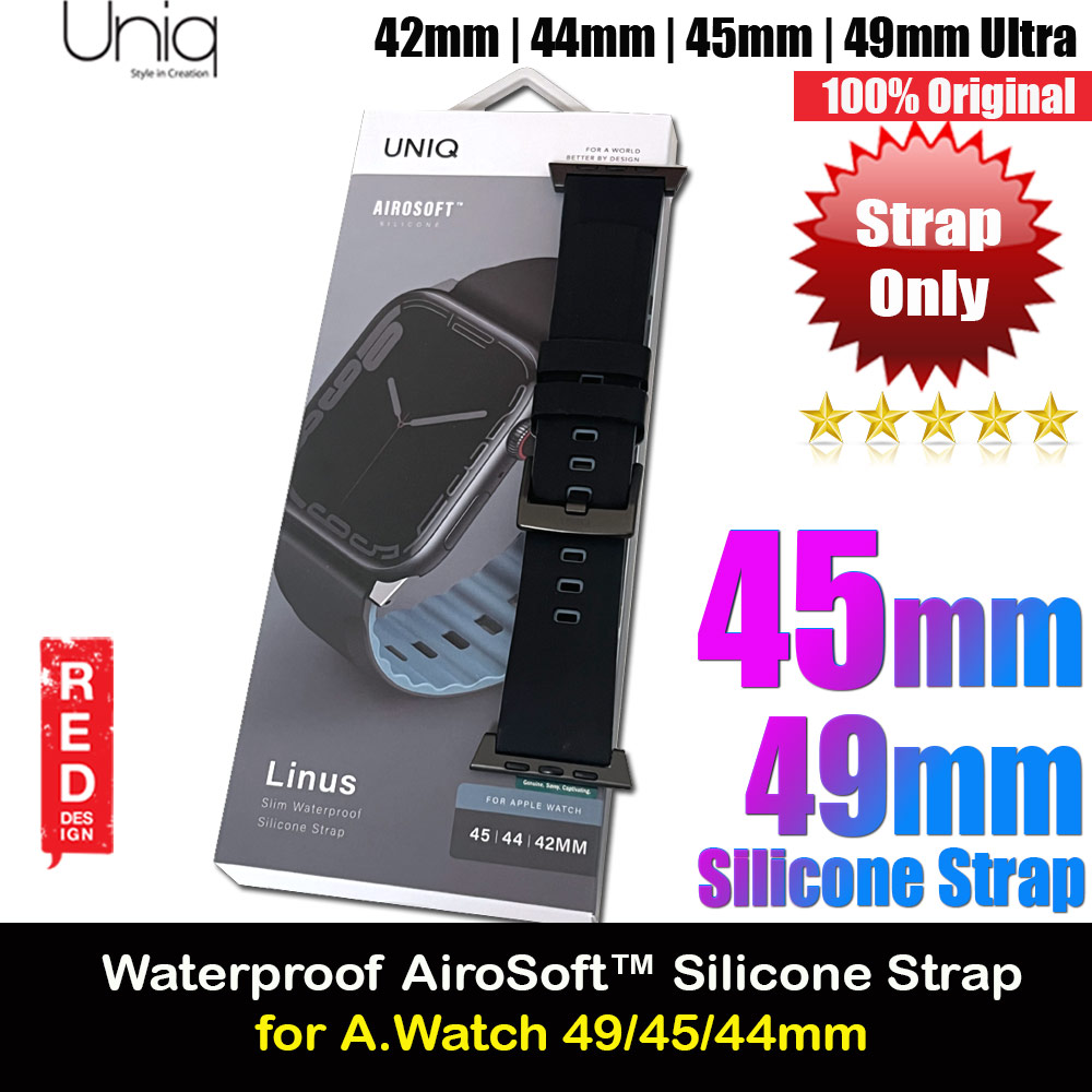 Uniq Linus Waterproof AiroSoft TM Breathable Silicone Strap Apple Watch 49 Ultra 45mm 44mm 42mm Series 1 2 3 4 5 6 7 SE 8 (Midnight Black)