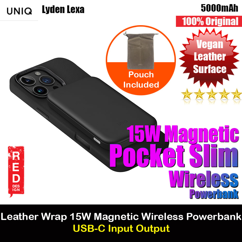 Uniq Lyden Lexa Super Ultra Slim Thin Pocket Small Size 5000mah Premium Leatherette Magnetic Power Bank MCMC Approved (Black)