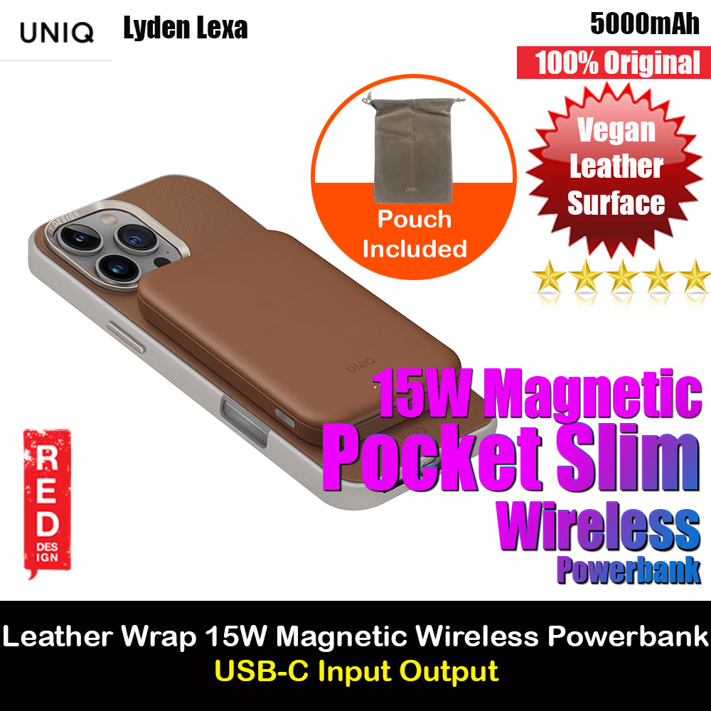 Uniq Lyden Lexa Super Ultra Slim Thin Pocket Small Size 5000mah Premium Leatherette Magnetic Power Bank MCMC Approved (Caramel)