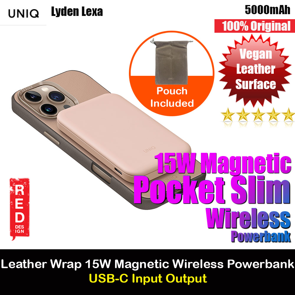 Uniq Lyden Lexa Super Ultra Slim Thin Pocket Small Size 5000mah Premium Leatherette Magnetic Power Bank MCMC Approved (Pink)