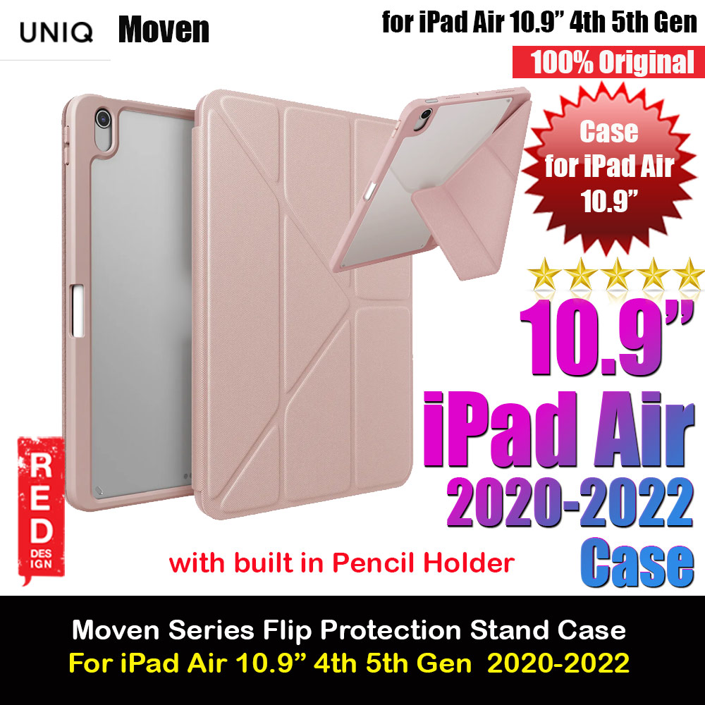 Uniq Moven Tough Hybrid Case with Clear Scratch-Resistant Black Protection Flip and Standable Case with Pen Storage for iPad Air 10.9 4th 5th Gen 2020 2022 (Pink)