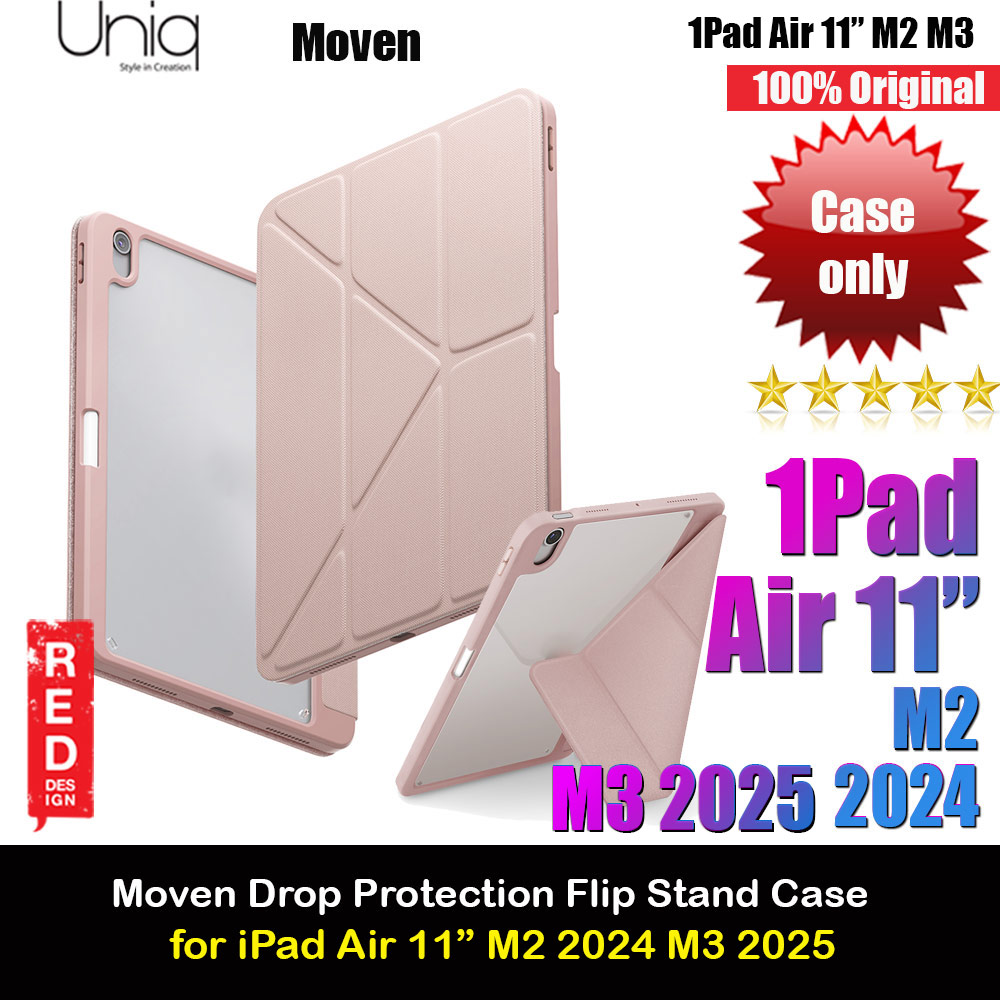 Uniq Moven Tough Hybrid Case with Clear Scratch-Resistant Back Protection Flip and Standable Case with Pen Storage for iPad Air 11 M2 2024 M3 2025 (Pink)