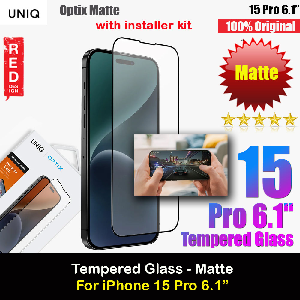 Uniq Optix Matte Anti Glare Tempered Glass Screen Protector with Installation Helper Kit for iPhone 15 Pro 6.1 (Matte)
