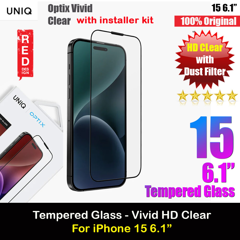 Uniq Optix Vivid HD Clear 2.85D Tempered Glass Screen Protector with Installation Helper Kit for iPhone 15 6.1 (HD Clear)