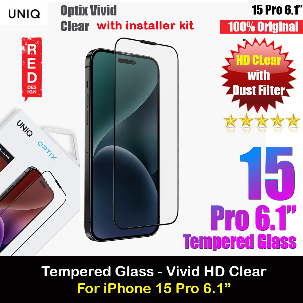 Uniq Optix Vivid HD Clear 2.85D Tempered Glass Screen Protector with Installation Helper Kit for iPhone 15 Pro 6.1 (HD Clear)