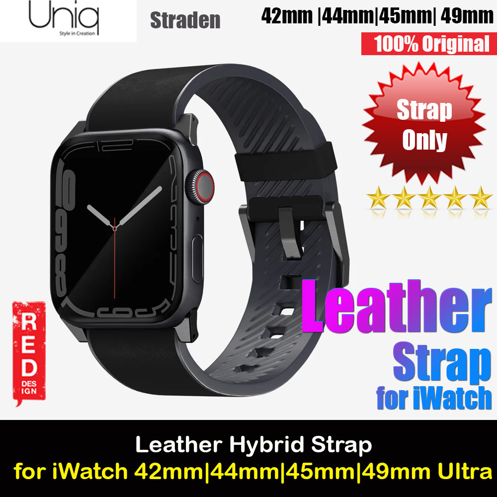 Uniq Straden Inner Silicone Outer Genuine Leather Strap for Apple Watch 49mm Ultra 45mm 44mm 42mm Series 4 5 6 7 8 SE (Black)