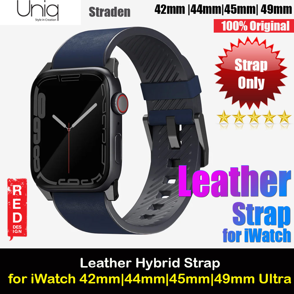 Uniq Straden Inner Silicone Outer Genuine Leather Strap for Apple Watch 49mm Ultra 45mm 44mm 42mm Series 4 5 6 7 8 SE (Navy  Blue)