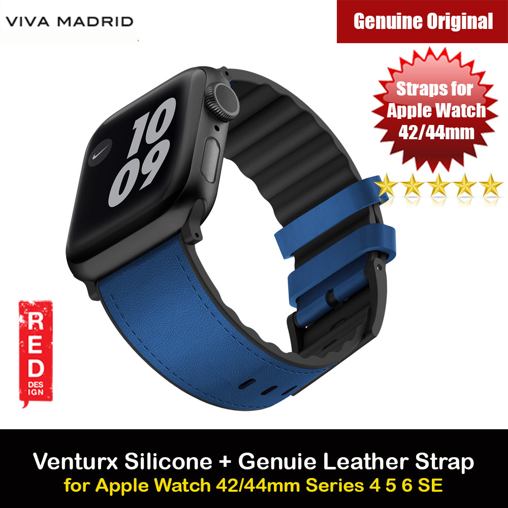 Viva Madrid Venturx Inner Silicone Outer Genuine Leather Strap for Apple Watch 44mm 42mm Series 4 Series 5 Series 6 Series SE (Blue)