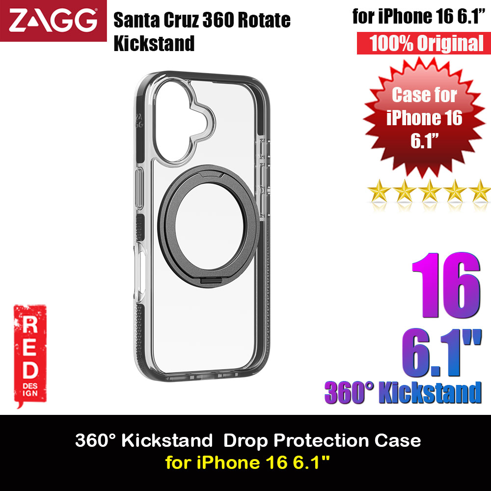 Zagg Santa Cruz Snap 360 Degree Kickstand Phone Ring Magnetic Drop Protection Case for iPhone 16 6.1 (Black)