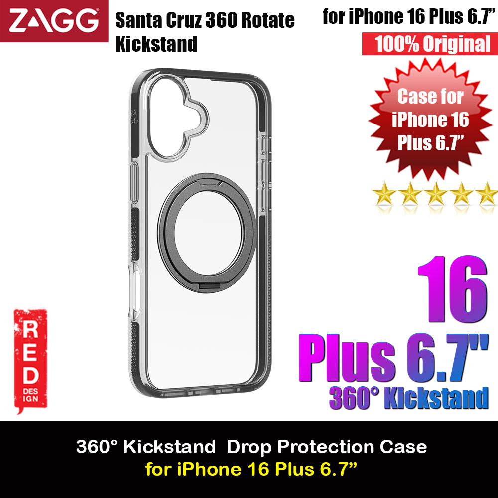Zagg Santa Cruz Snap 360 Degree Kickstand Phone Ring Magnetic Drop Protection Case for iPhone 16 Plus 6.7 (Black)