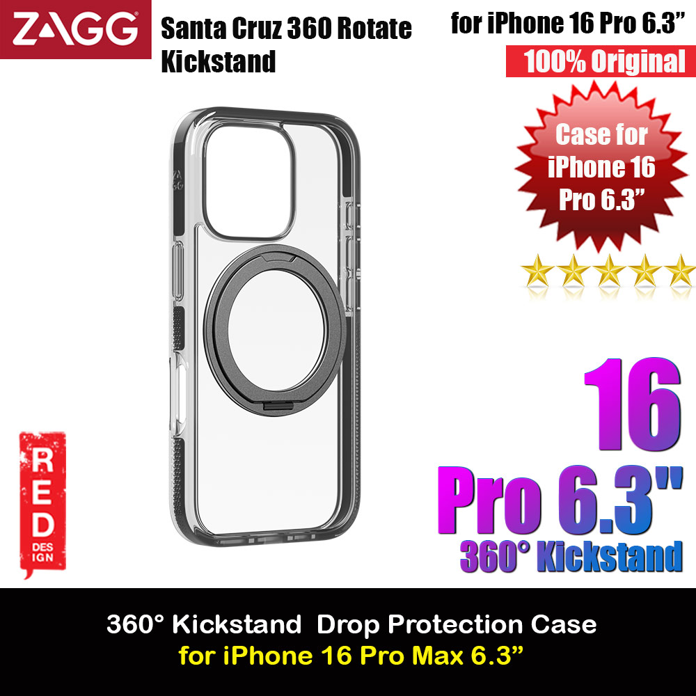 Zagg Santa Cruz Snap 360 Degree Kickstand Phone Ring Magnetic Drop Protection Case for iPhone 16 Pro 6.3 (Black)