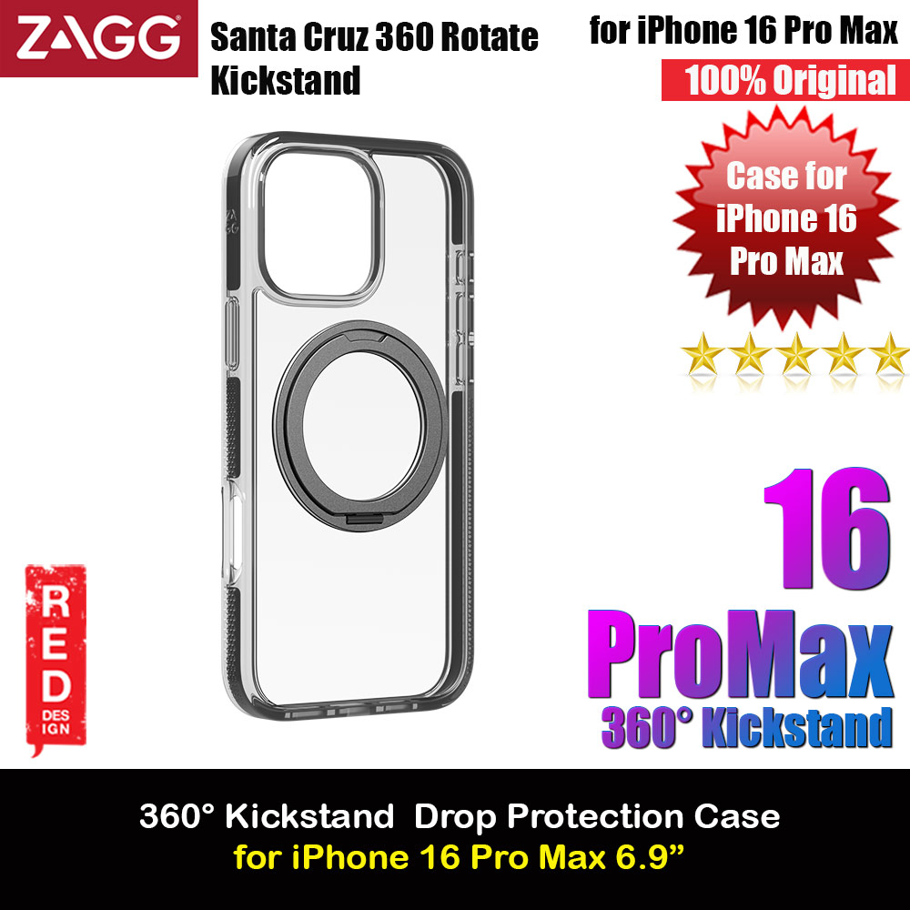 Zagg Santa Cruz Snap 360 Degree Kickstand Phone Ring Magnetic Drop Protection Case for iPhone 16 Pro Max 6.9 (Black)