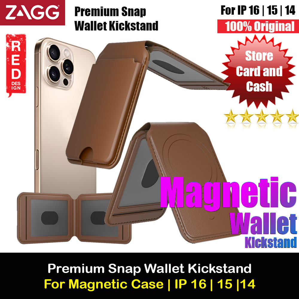 Zagg Premium Snap Wallet Magnetic Compatible Wallet with Kickstand for iPhone 14 Pro Max iPhone 15 Pro Max 16 Pro Max Card Holder Phone Stand (Brown)