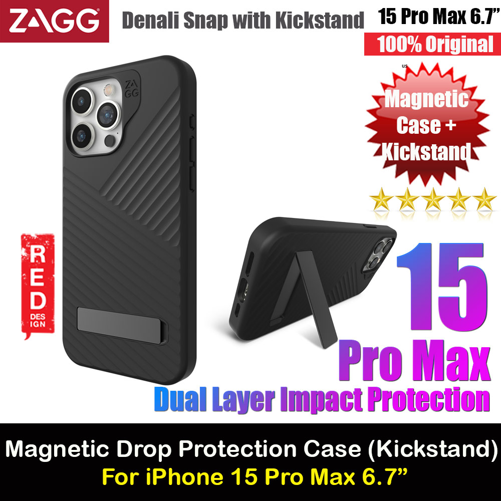 Zagg Denali Snap Kickstand Magnetic Dual Layer Drop Protection Case for iPhone 15 Pro Max 6.7 (Black)