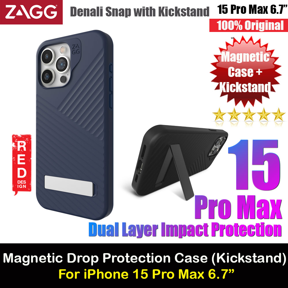 Zagg Denali Snap Kickstand Magnetic Dual Layer Drop Protection Case for iPhone 15 Pro Max 6.7 (Blue)