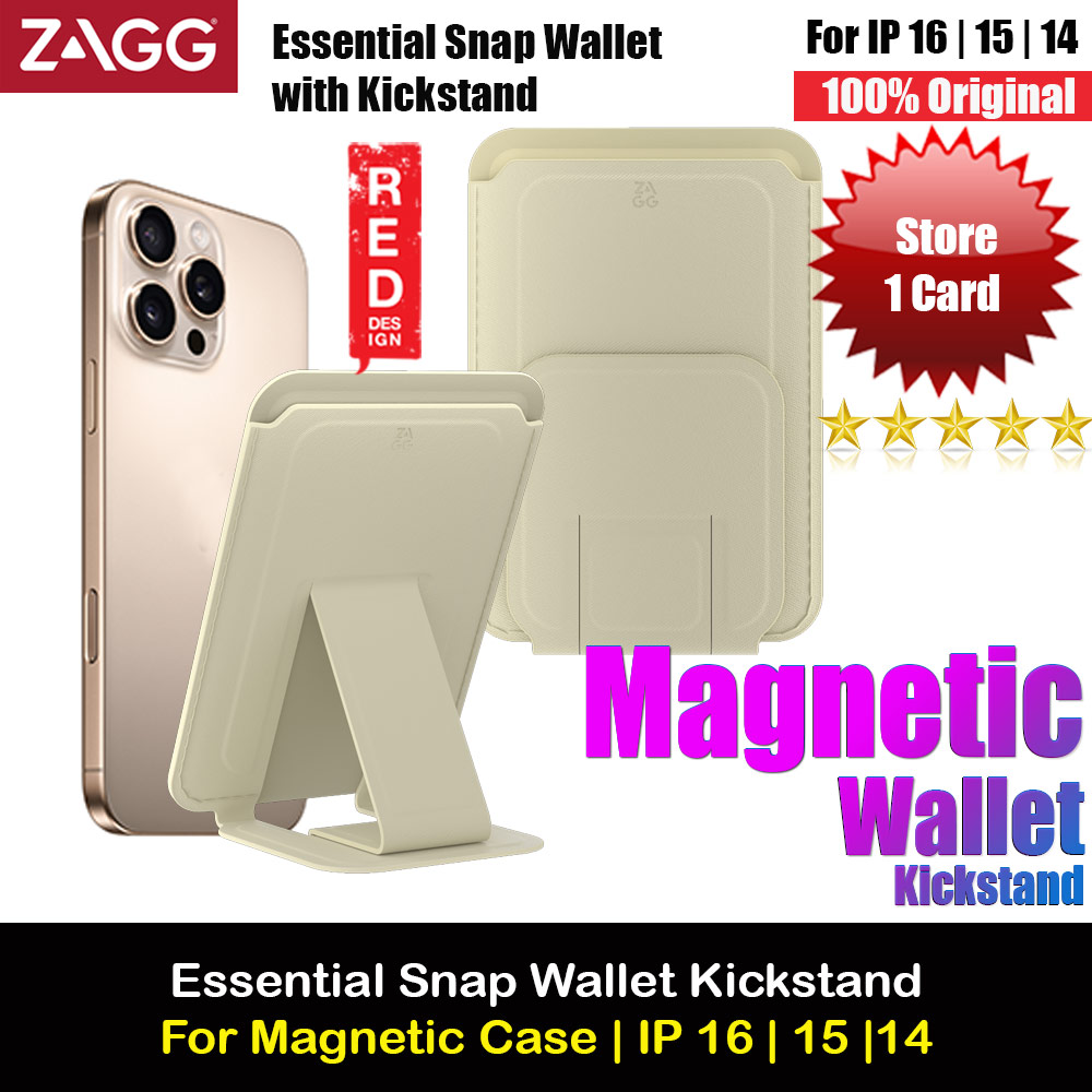 Zagg Essential Snaps Wallet Magnetic Compatible Wallet with Kickstand for iPhone 14 Pro Max iPhone 15 Pro Max 16 Pro Max Card Holder Phone Stand (Cream)