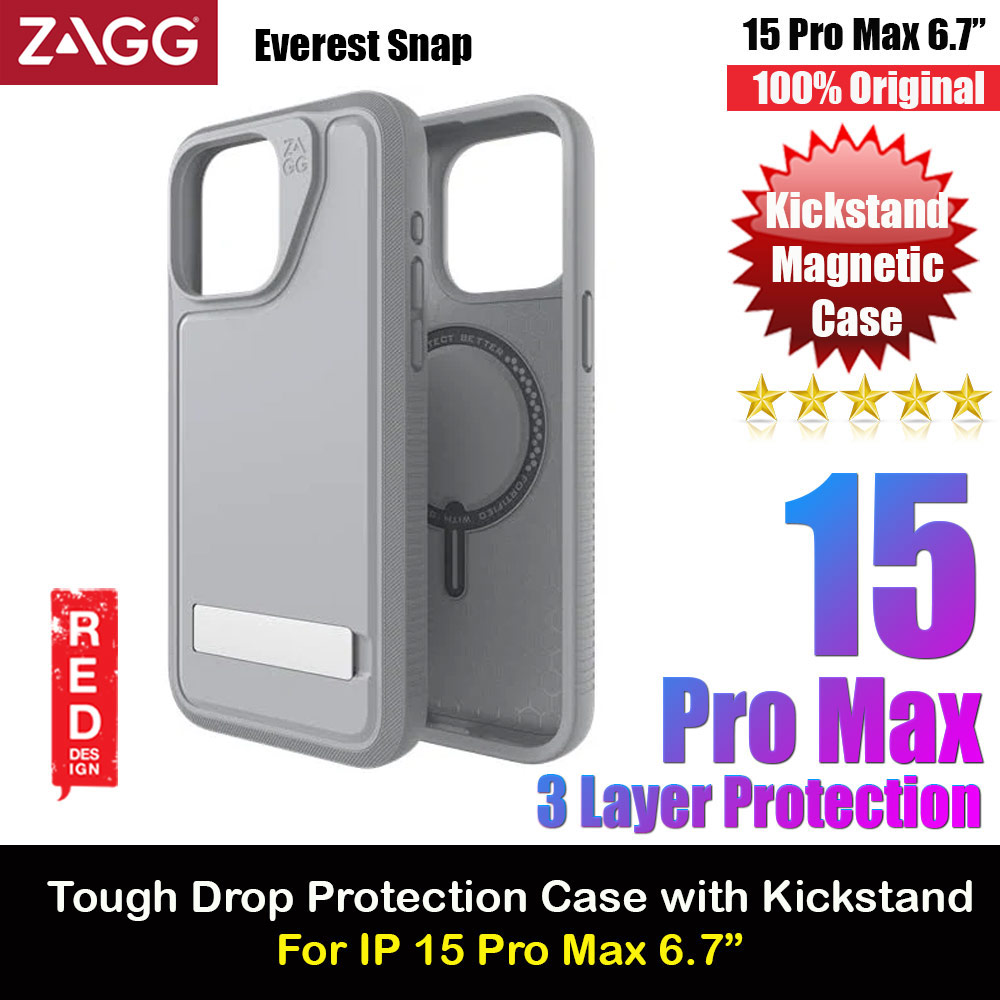 Zagg Everest Snap Extreme Magnetic Non Slip Drop Protection Case with Kickstand for iPhone 15 Pro Max 6.7 (Gray)