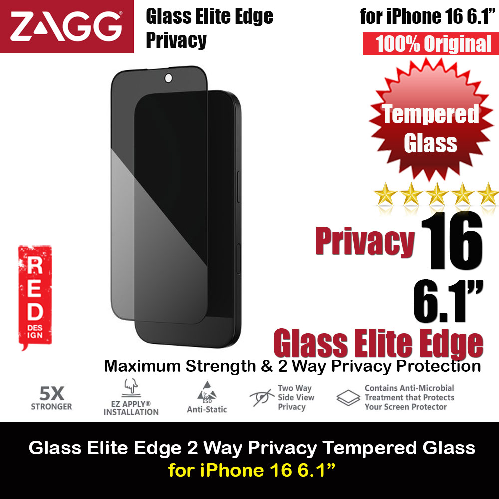 Zagg Glass Elite Edge 2 Way Privacy Tempered Glass Screen Protector with Easy Installation Tray for iPhone 16 6.1 (Privacy)