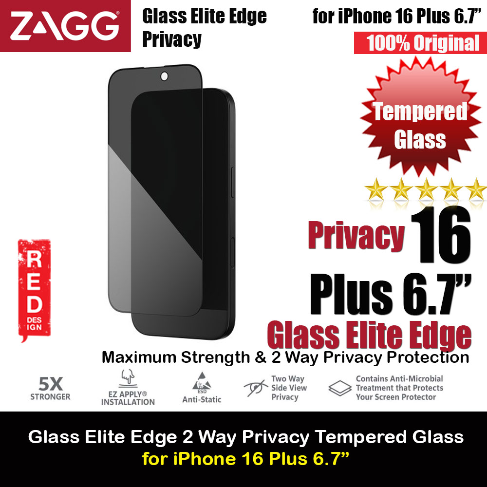 Zagg Glass Elite Edge 2 Way Privacy Tempered Glass Screen Protector with Easy Installation Tray for iPhone 16 Plus 6.7 (Privacy)