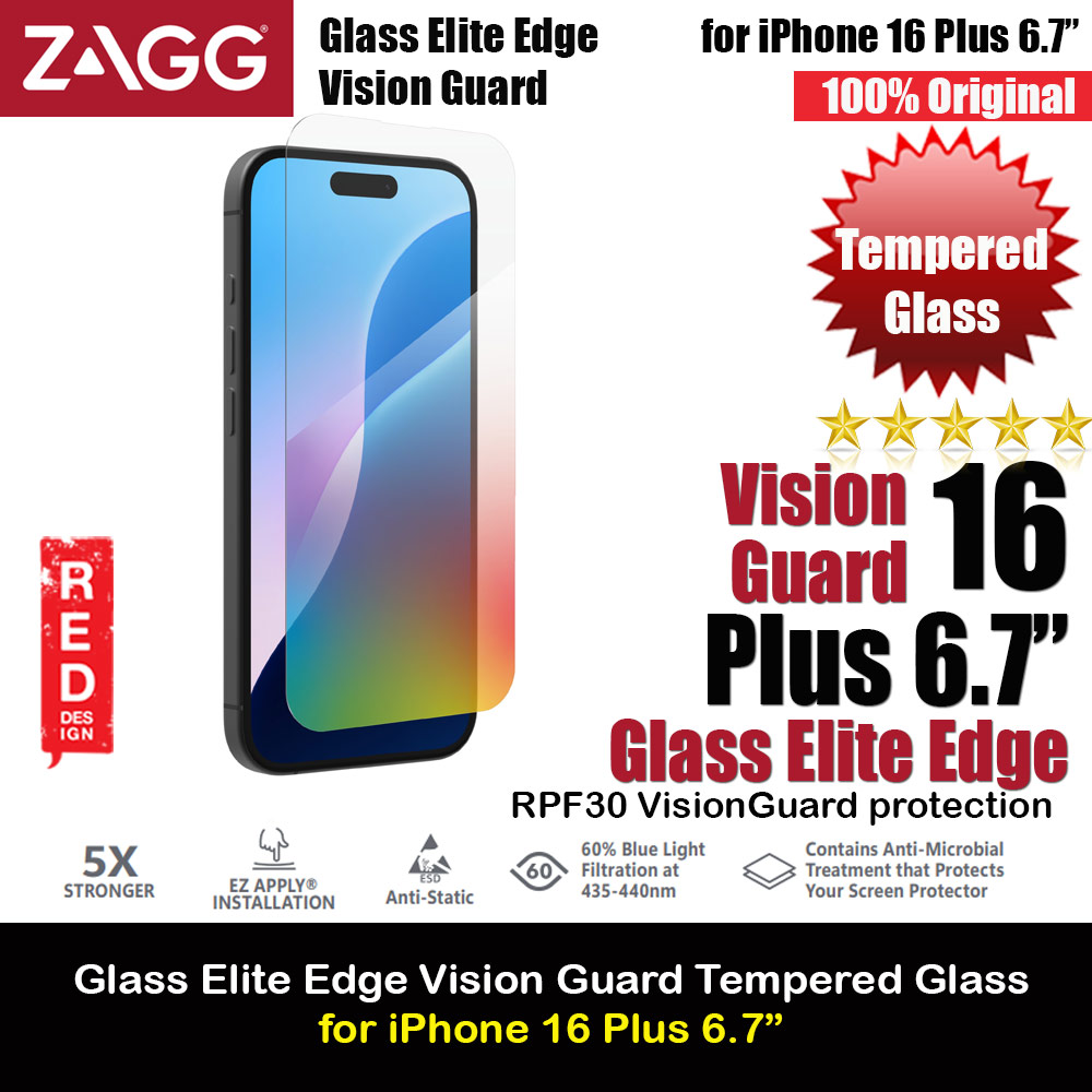 Zagg Glass Elite Edge Vision Guard Tempered Glass Screen Protector with Easy Installation Tray for iPhone 16 Plus 6.7 (Anti Blue Light)