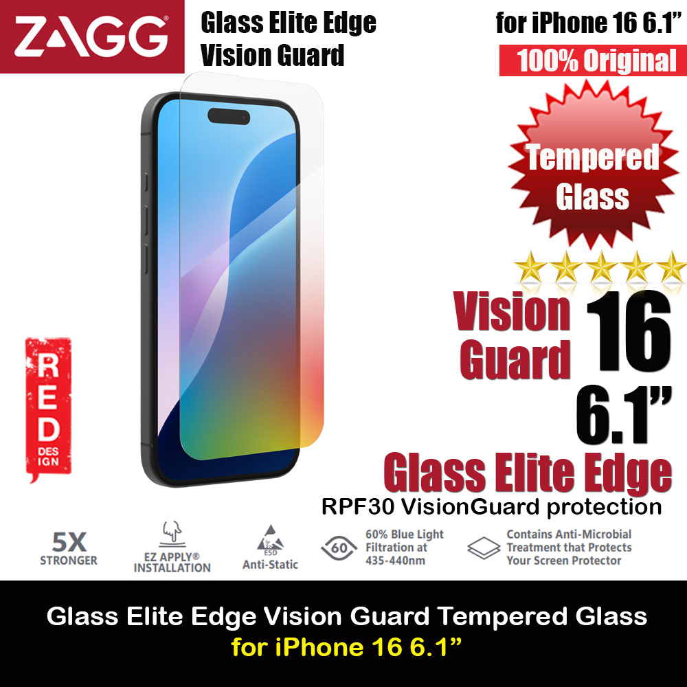Zagg Glass Elite Edge Vision Guard Tempered Glass Screen Protector with Easy Installation Tray for iPhone 16 6.1 (Anti Blue Light)
