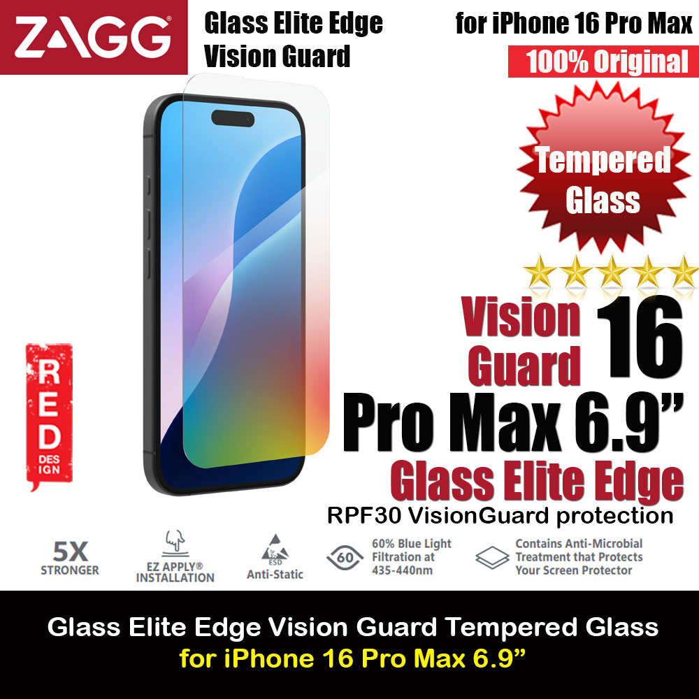 Zagg Glass Elite Edge Vision Guard Tempered Glass Screen Protector with Easy Installation Tray for iPhone 16 Pro Max 6.9 (Anti Blue Light)