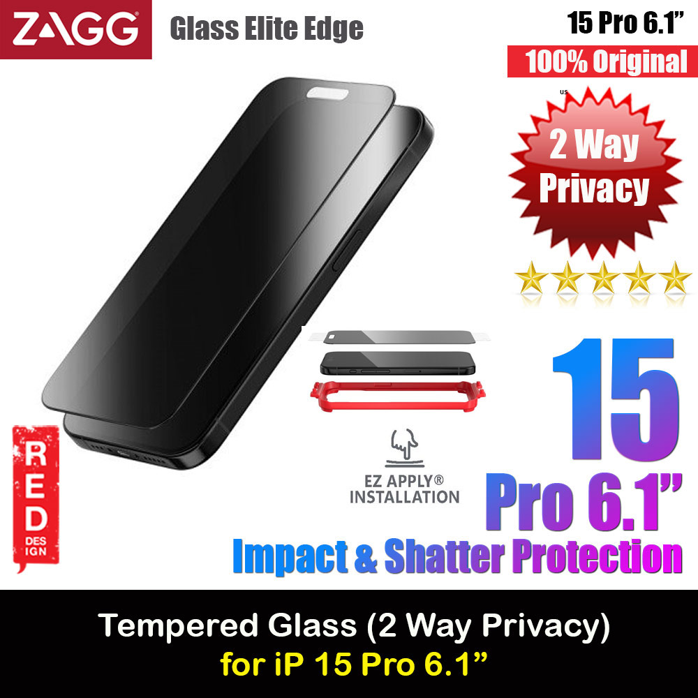 Zagg Glass Elite Edge Anti Peep View Privacy Tempered Glass Screen Protector with Easy Installation Tray for iPhone 15 Pro 6.1 (2 Way Privacy)