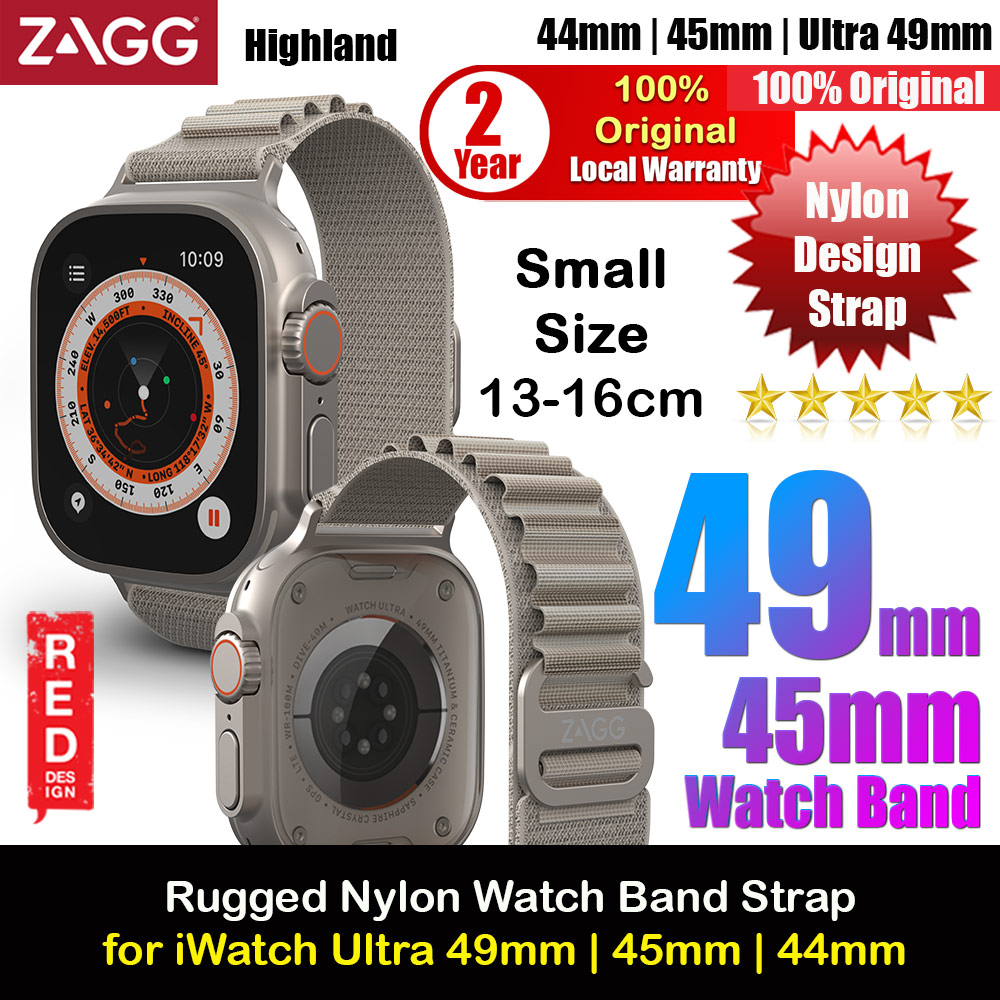 Zagg Highland Rugged Nylon Watch Band Strap for Apple Watch 49mm Ultra 2 45mm 44mm (Beige Small Size)