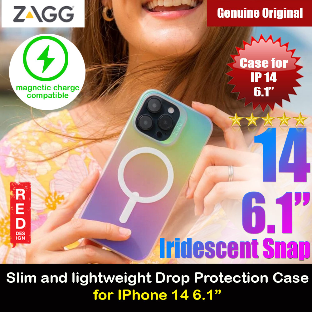 Zagg Iridescent SnapSlim Design Improved Grip Drop Protection Anti Finger Print Magsafe Compatible Case for iPhone 14 6.1 (Iridescent Matte Clear)