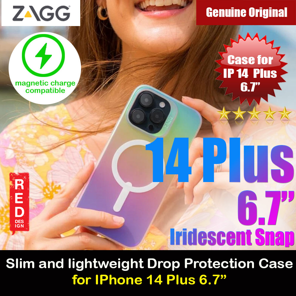 Zagg Iridescent Snap Slim Design Improved Grip Drop Protection Anti Finger Print Magsafe Compatible Case for iPhone 14 Plus 6.7 (Iridescent Matte Clear)