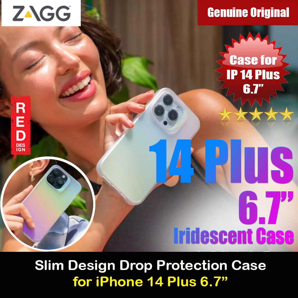 Zagg Iridescent Slim Design Improved Grip Drop Protection Anti Finger Print Case for iPhone 14 Plus 6.7 (Iridescent Matte Clear)