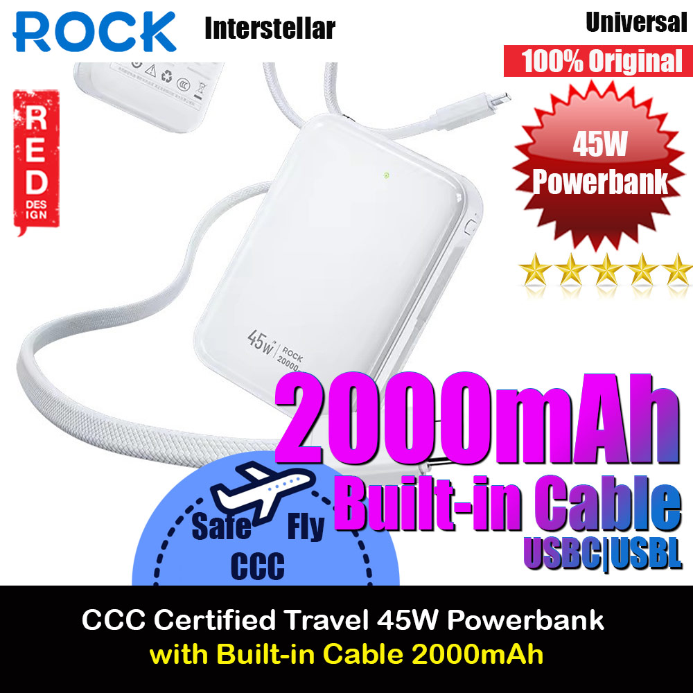 ROCK Interstellar CCC Certified 45W Power Bank with Built-in Cables 20000mAh Travel Portable Small Palm Size Compact Mini Power Bank powerbank with Multiple Built in Cable USB C USB L (White)
