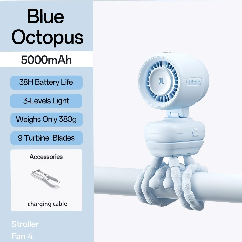 JisuLife Stroller Fan 4 Portable Baby Stroller Fan 5000mAh 38H Long Battery Ultra Quiet Natural Wind Octopus Stand Fan (Blue)