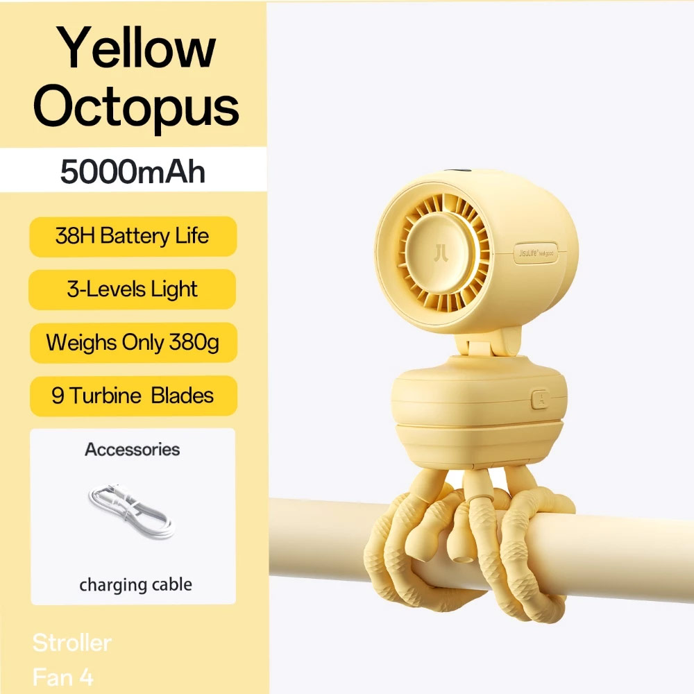 JisuLife Stroller Fan 4 Portable Baby Stroller Fan 5000mAh 38H Long Battery Ultra Quiet Natural Wind Octopus Stand Fan (Yellow)