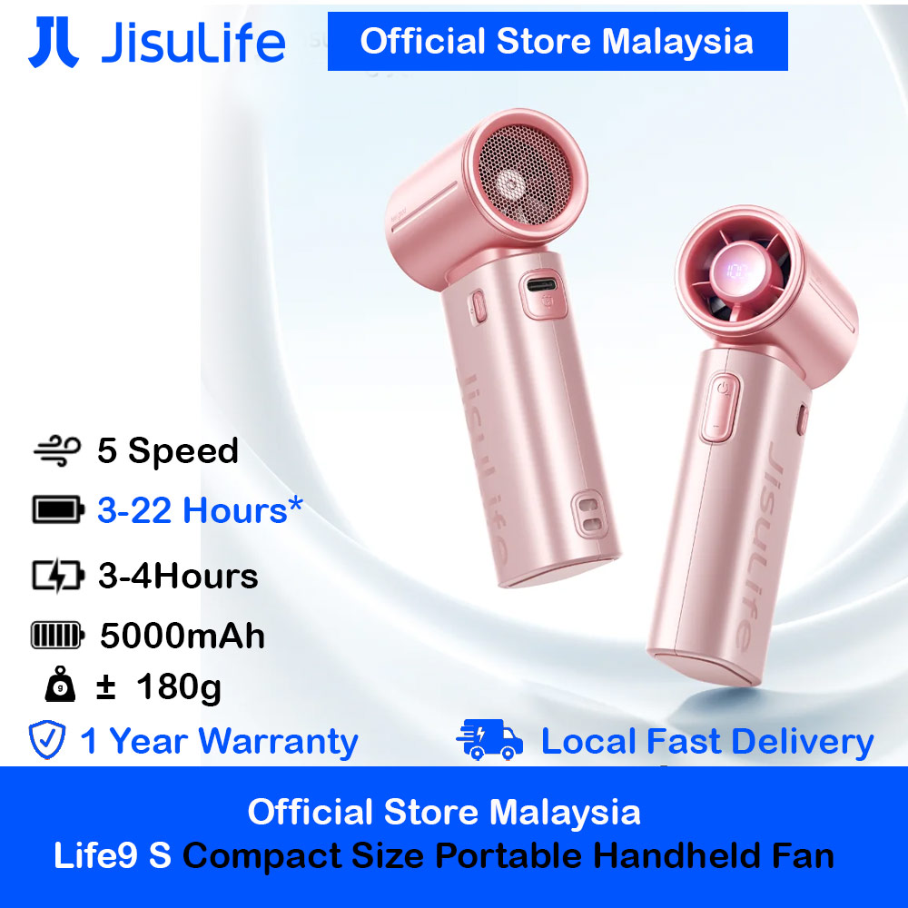 Jisulife 2026 Life9 S LED Display Palm Size Pocket Size Mini Compact Travel Handheld Portable Fan Strong Wind (Pink)