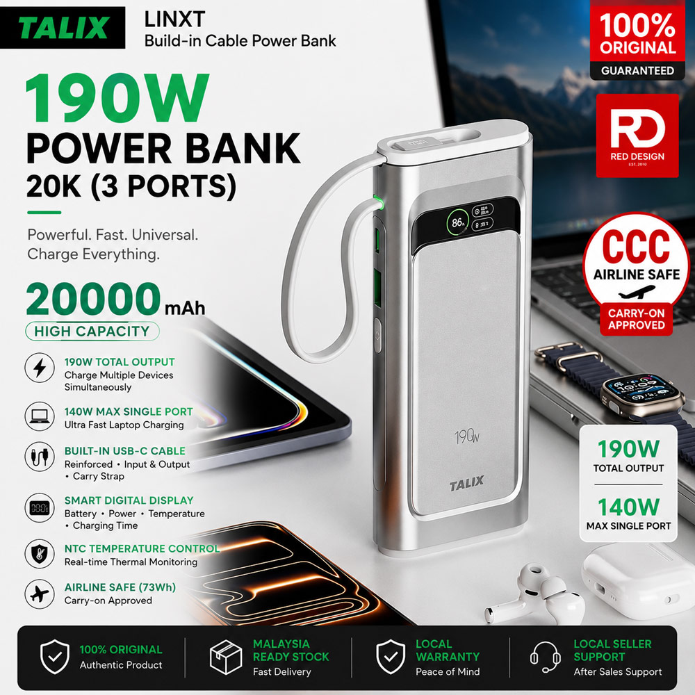 TALIX Linxt Build-in Cable Laptop CCC Travel Power Bank 190W 20000mah (3ports)